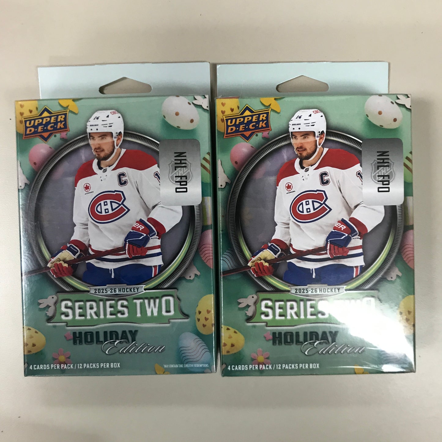2025-26 Upper Deck Series 2 Hockey Trading Cards Holiday Hanger Box (2 packs)