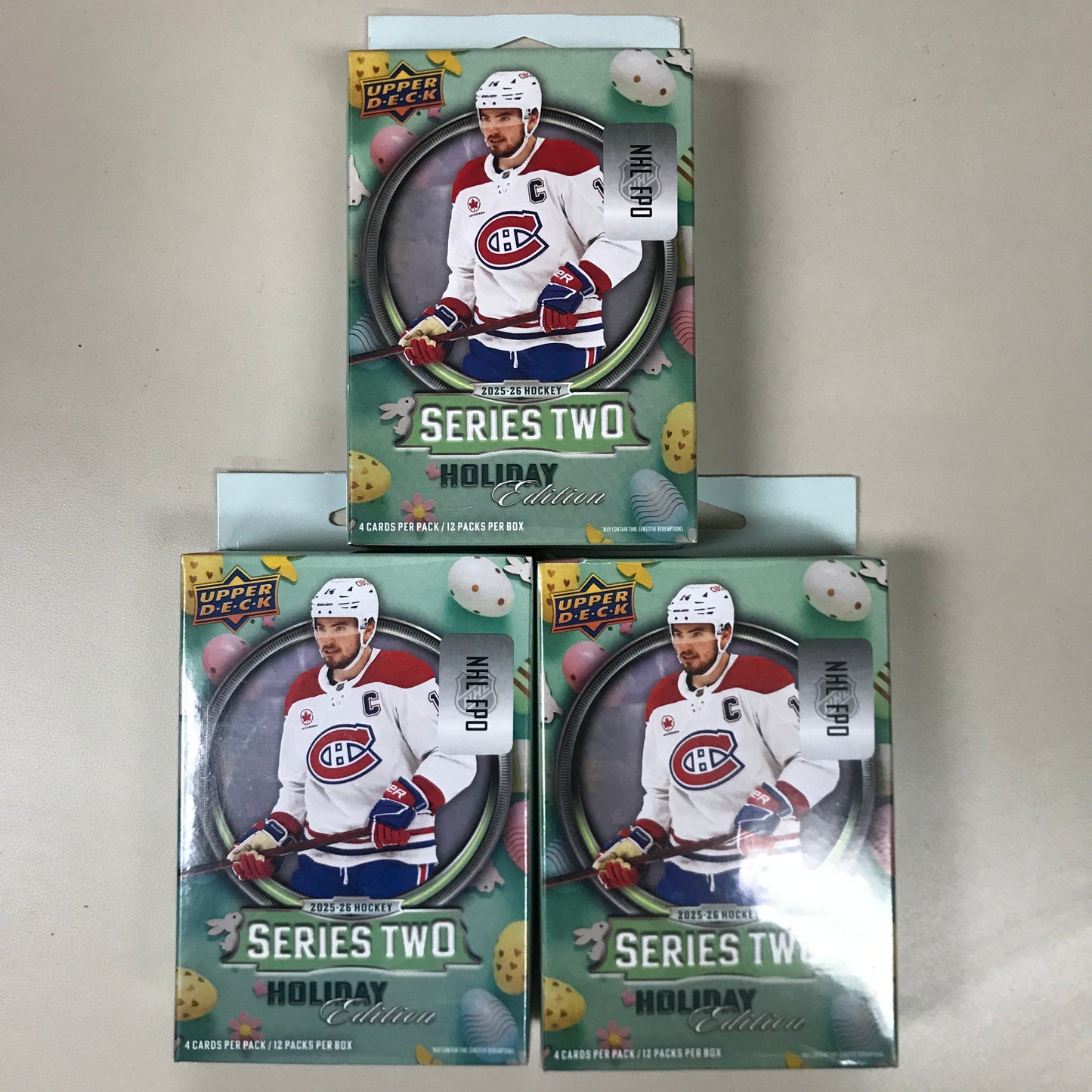 2025-26 Upper Deck Series 2 Hockey Trading Cards Holiday Hanger Box (3 packs)