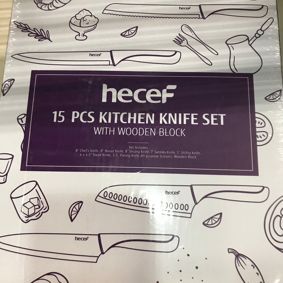 Hecef 15-Piece Kitchen Knife Set with Wooden Block - Beige