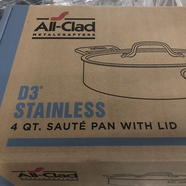 All-Clad D3 Stainless 3-ply Bonded Cookware, Saute Pan with lid, 4 quart