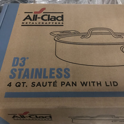 All-Clad D3 Stainless 3-ply Bonded Cookware, Saute Pan with lid, 4 quart