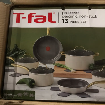 T-fal Preserve Ceramic Non-Stick 13 Piece Cookware Set - Almond Butter