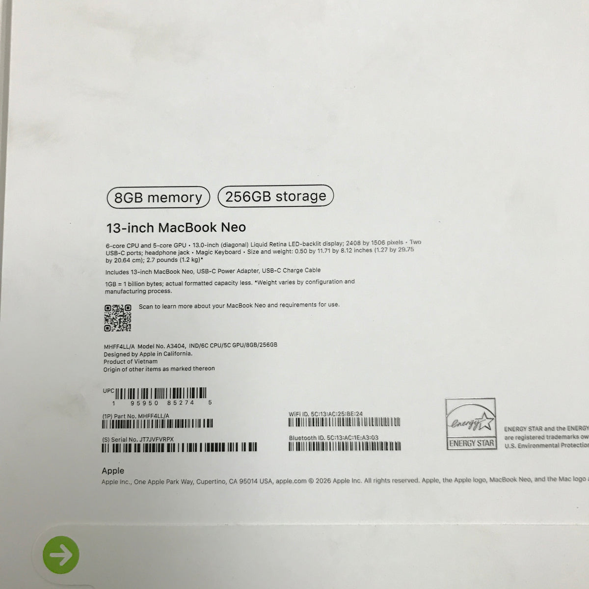 Apple MacBook Neo 13" A18 Pro 8GB RAM 256GB SSD - Indigo