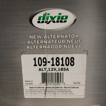 Dixie 109-18108 Heavy Duty Alternator 12V 185A
