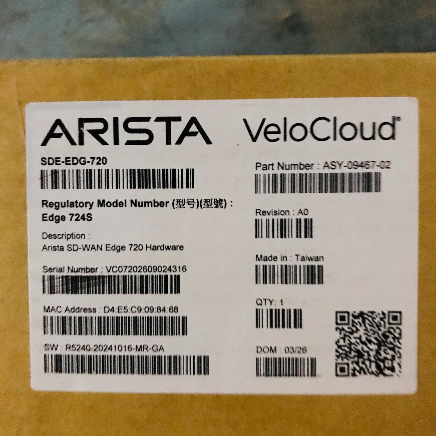 ARISTA VELOCLOUD SDE-EDG-720 ASY-09467-02 SD-WAN EDGE 720 HARDWARE