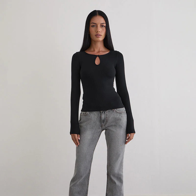 Motel Rocks Nique Long Sleeve Top in Thick Rib Black