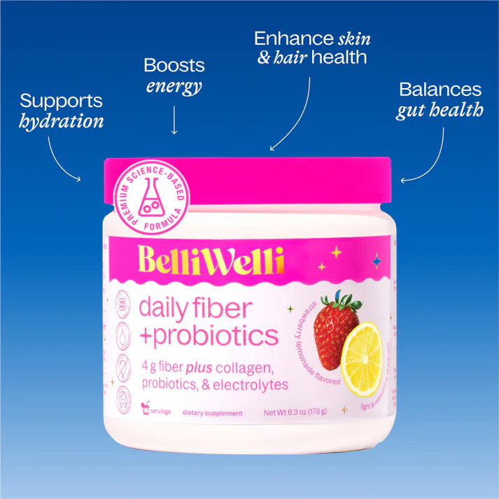 BelliWelli Daily Fiber + Probiotics - Strawberry Lemonade Flavored, 16 Servings