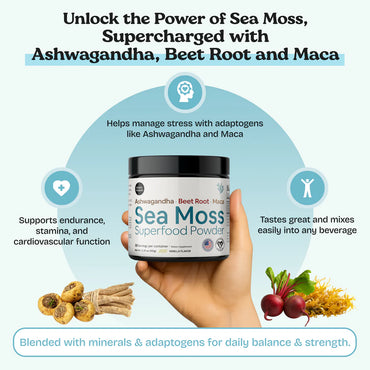Atlantic Naturals Organic Sea Moss Superfood Powder with Ashwagandha, Beet Root & Maca, 30 Servings