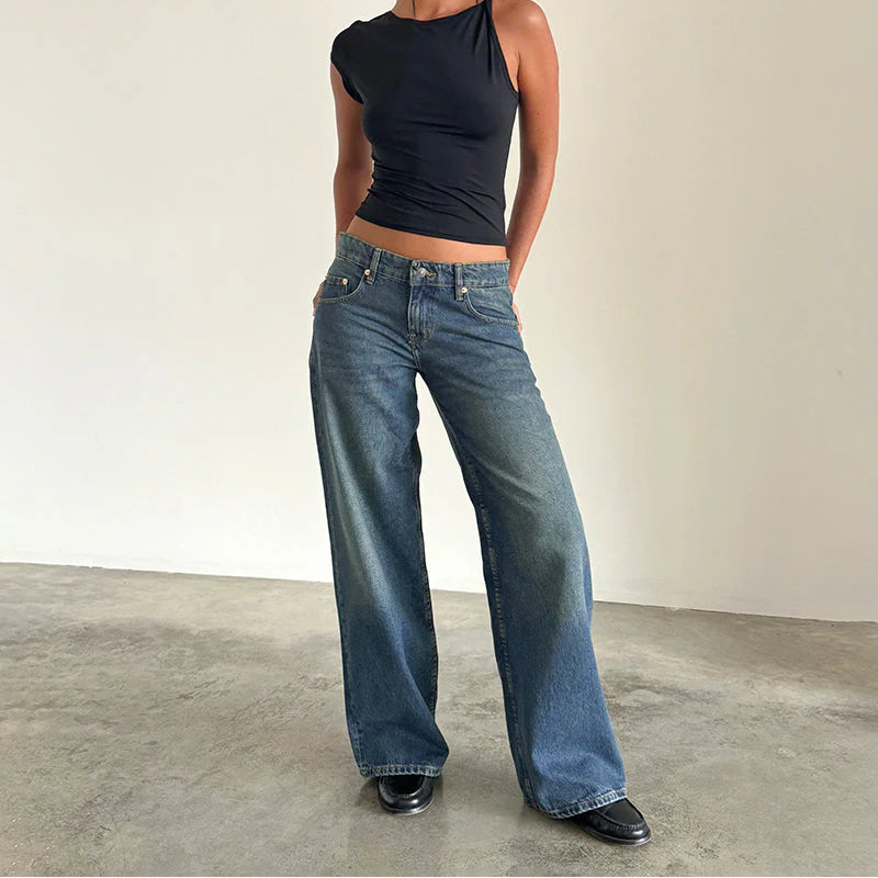 Motel Rocks Roomy Extra Wide Low Rise Jeans in Bright Blue