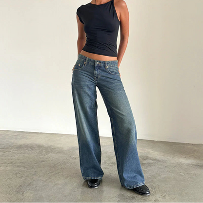 Motel Rocks Roomy Extra Wide Low Rise Jeans in Bright Blue
