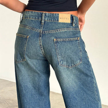 Motel Rocks Roomy Extra Wide Low Rise Jeans in Bright Blue
