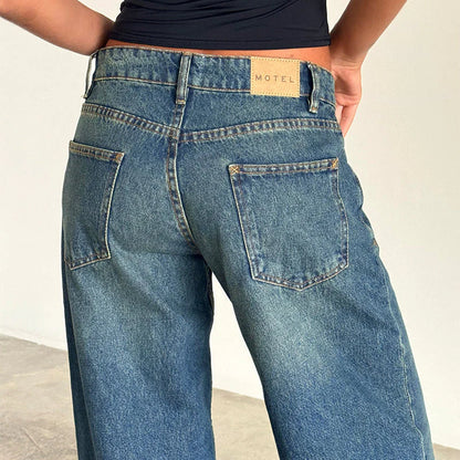 Motel Rocks Roomy Extra Wide Low Rise Jeans in Bright Blue