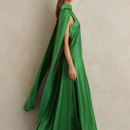 Reiss Fae Satin Cape Maxi Dress in Green