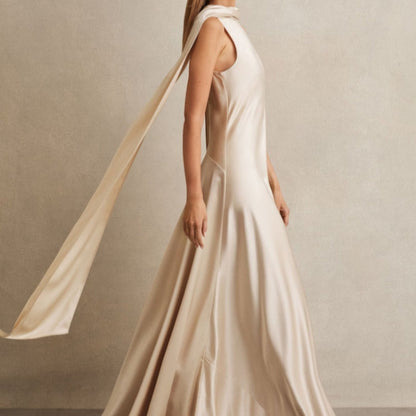 Reiss Fae Satin Cape Maxi Dress in Champagne
