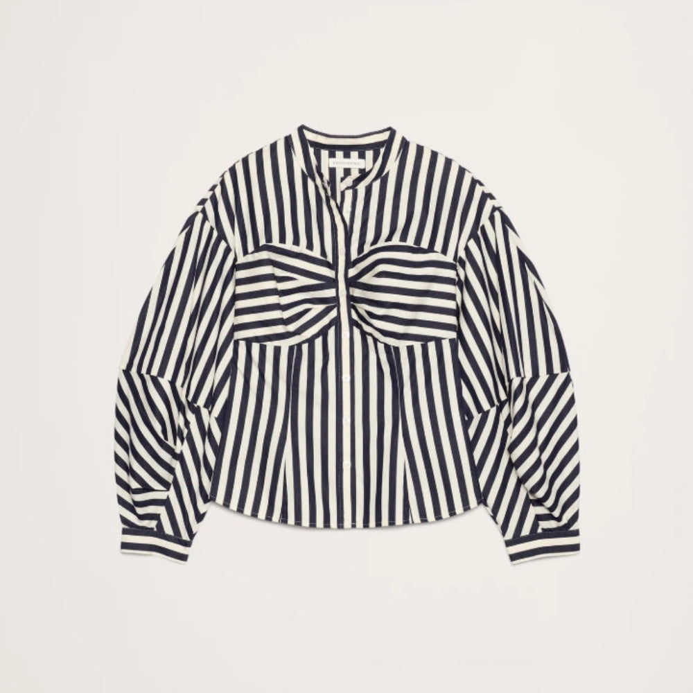 Banana Republic Cotton Poplin Balloon-Sleeve Shirt - Navy Blue Stripe