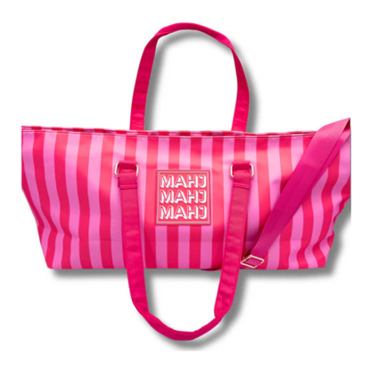 My Fair Mahjong - Mahjong Tote Bag Wide with Zipper Closure - Pink & Red Stripes