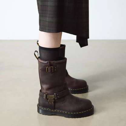 Dr. Martens Anistone Hi Leather Biker Boots - Dark Brown Burnished Waxy Pull Up WP
