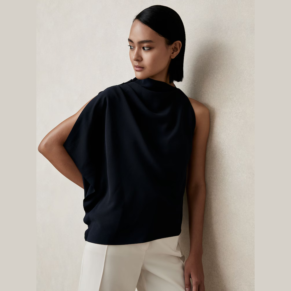 Reiss Elle One-Shoulder Draped Top in Navy