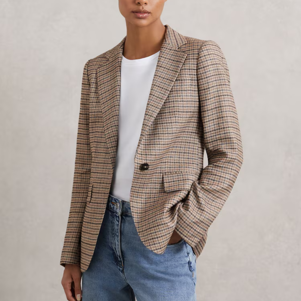 Reiss River Single-Breasted Check Suit Blazer With Linen in Neutral Check