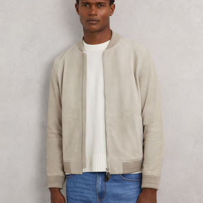 Reiss Burnham Suede Zip-Through Bomber Jacket in Grey