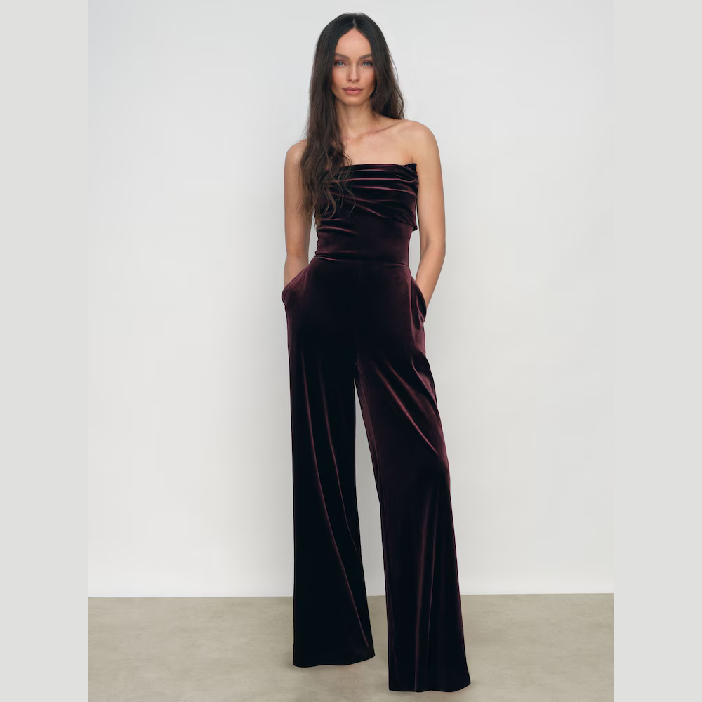 Reiss Andria Velvet Drape Strapless Jumpsuit in Burgundy