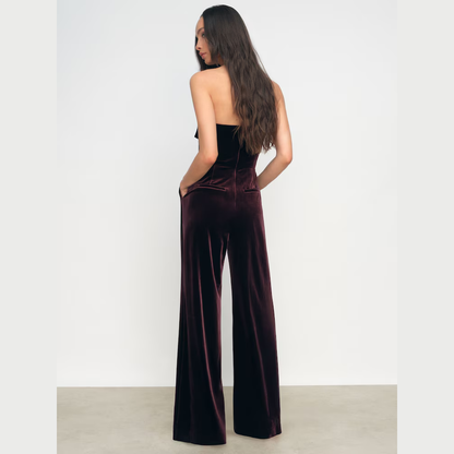 Reiss Andria Velvet Drape Strapless Jumpsuit in Burgundy