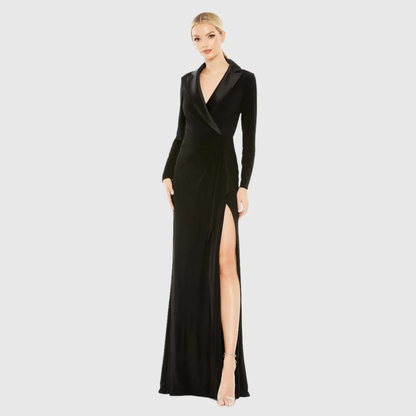 Ieena for Mac Duggal Black Long Sleeve Faux Tuxedo Gown