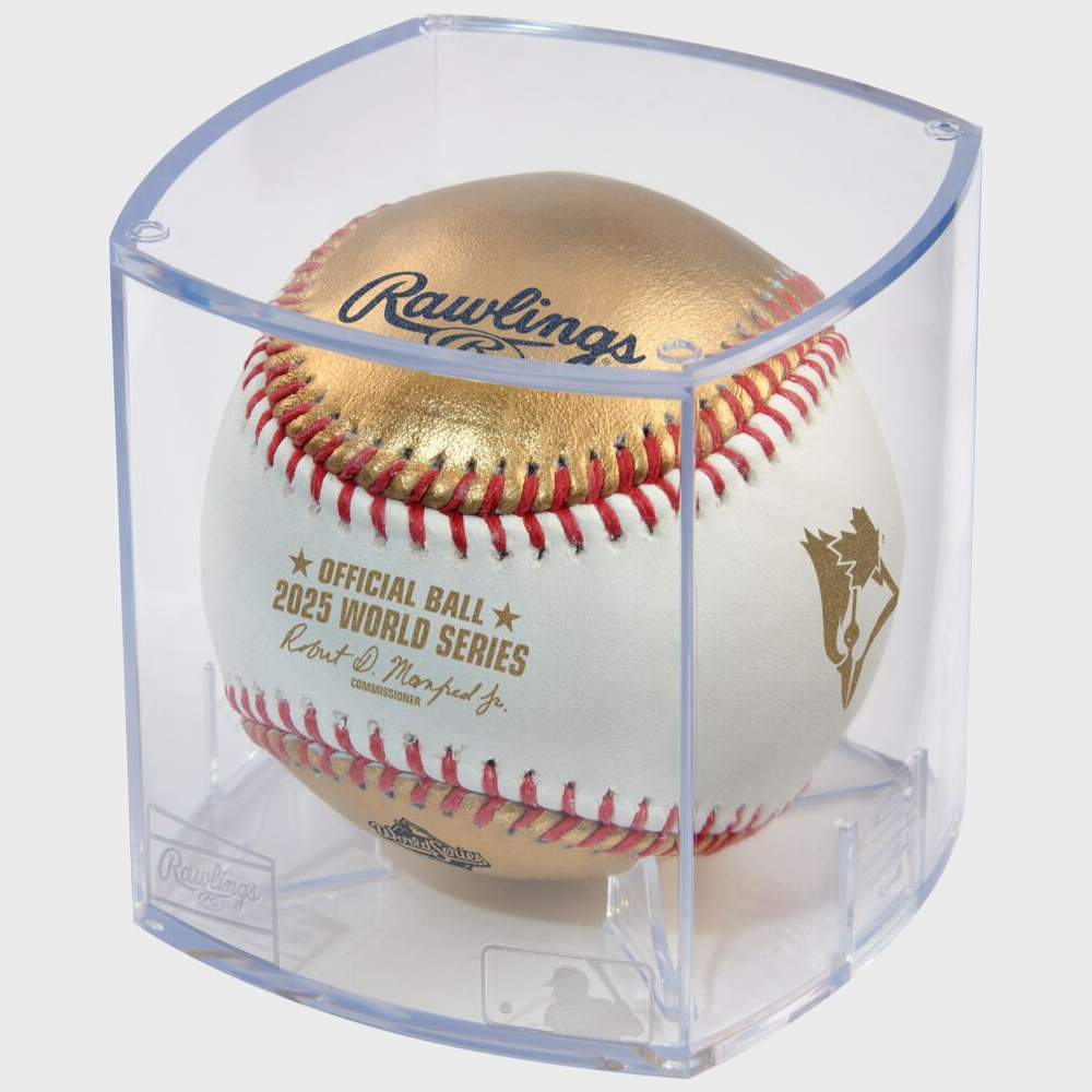 Rawlings 2025 Official World Series Gold Dueling Baseball in Cube - Toronto Blue Jays vs. LA Dodgers