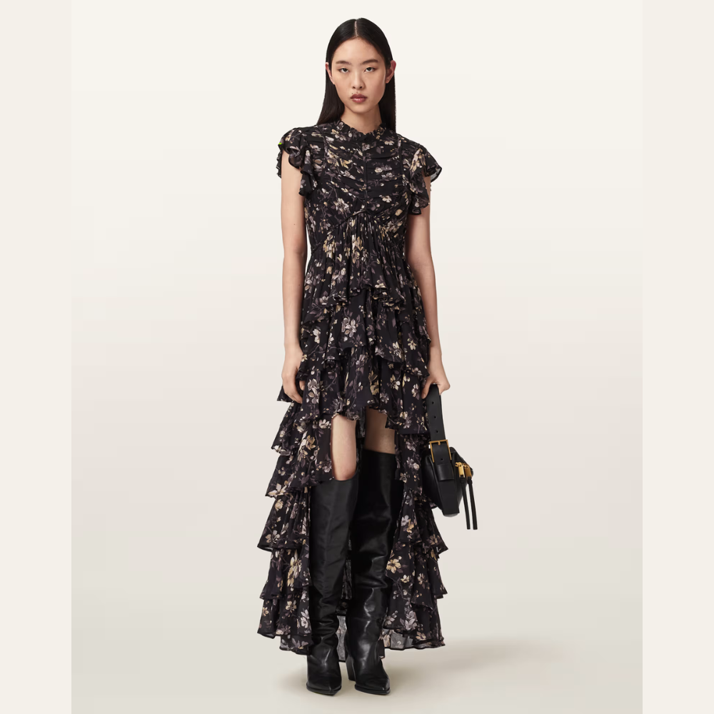 AllSaints Shaela Floral Frill Maxi Dress - Vine Black
