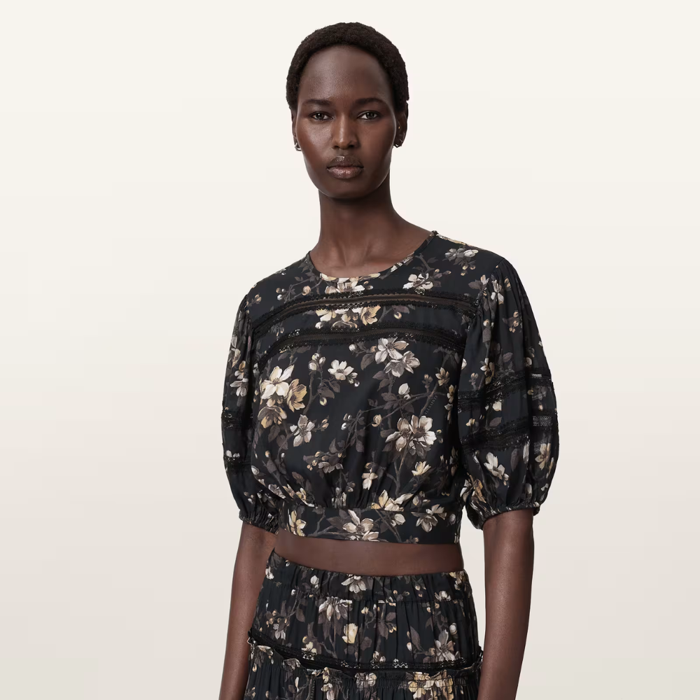 AllSaints Peony Lace Trim Cropped Top - Vine Black