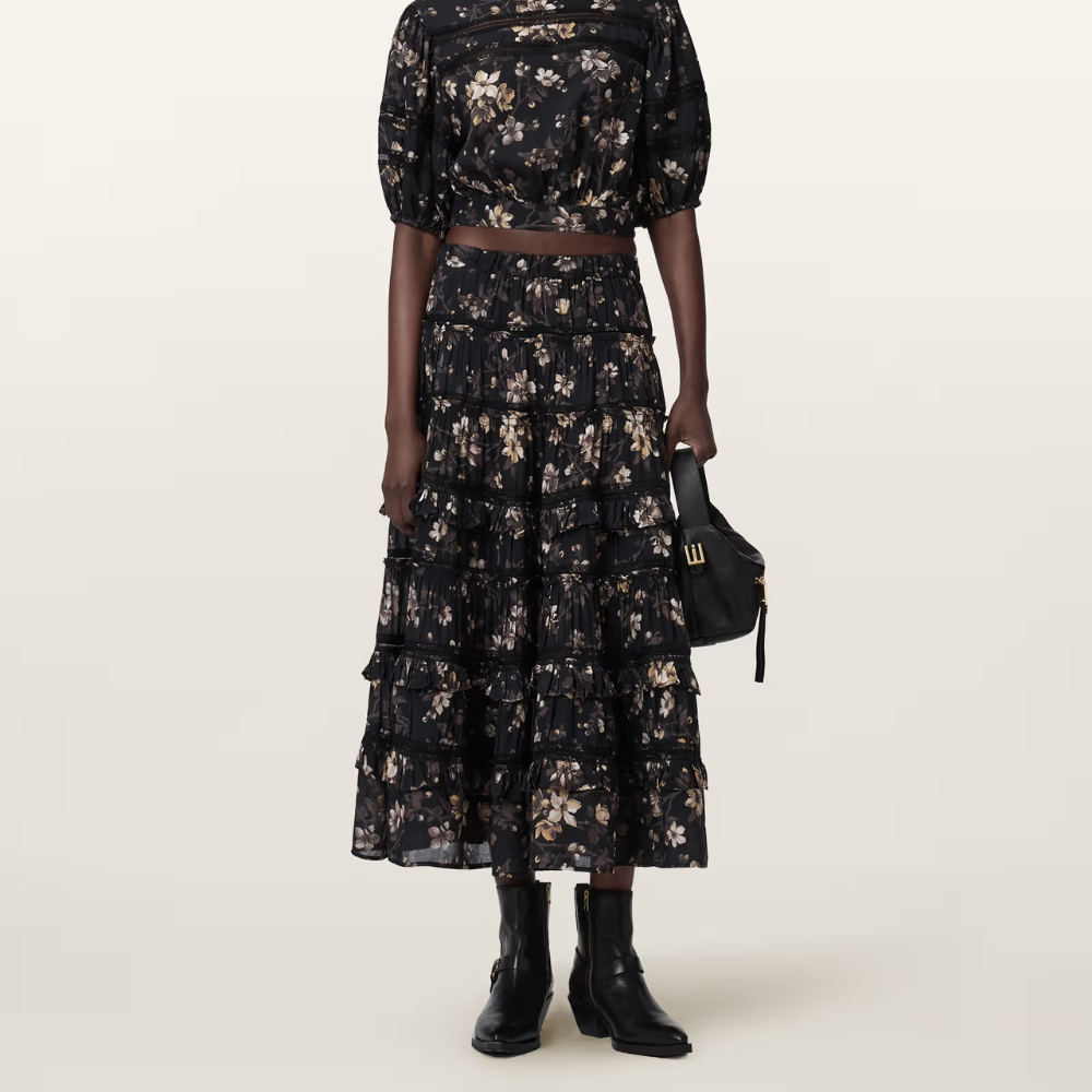 AllSaints Talia Printed Midi Skirt - Vine Black
