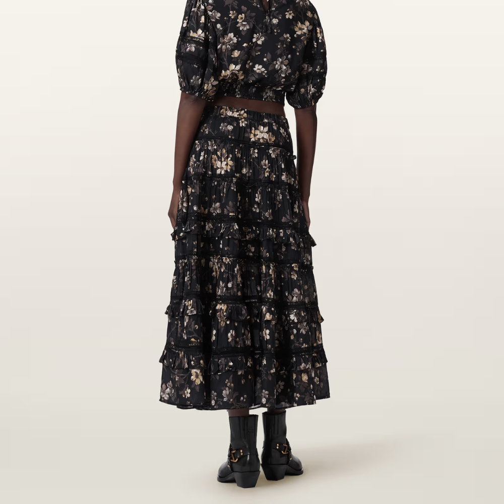 AllSaints Talia Printed Midi Skirt - Vine Black