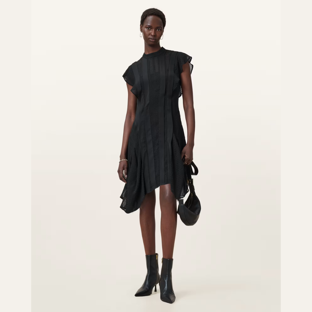 AllSaints Fleur Textured Asymmetric Hem Dress - Black