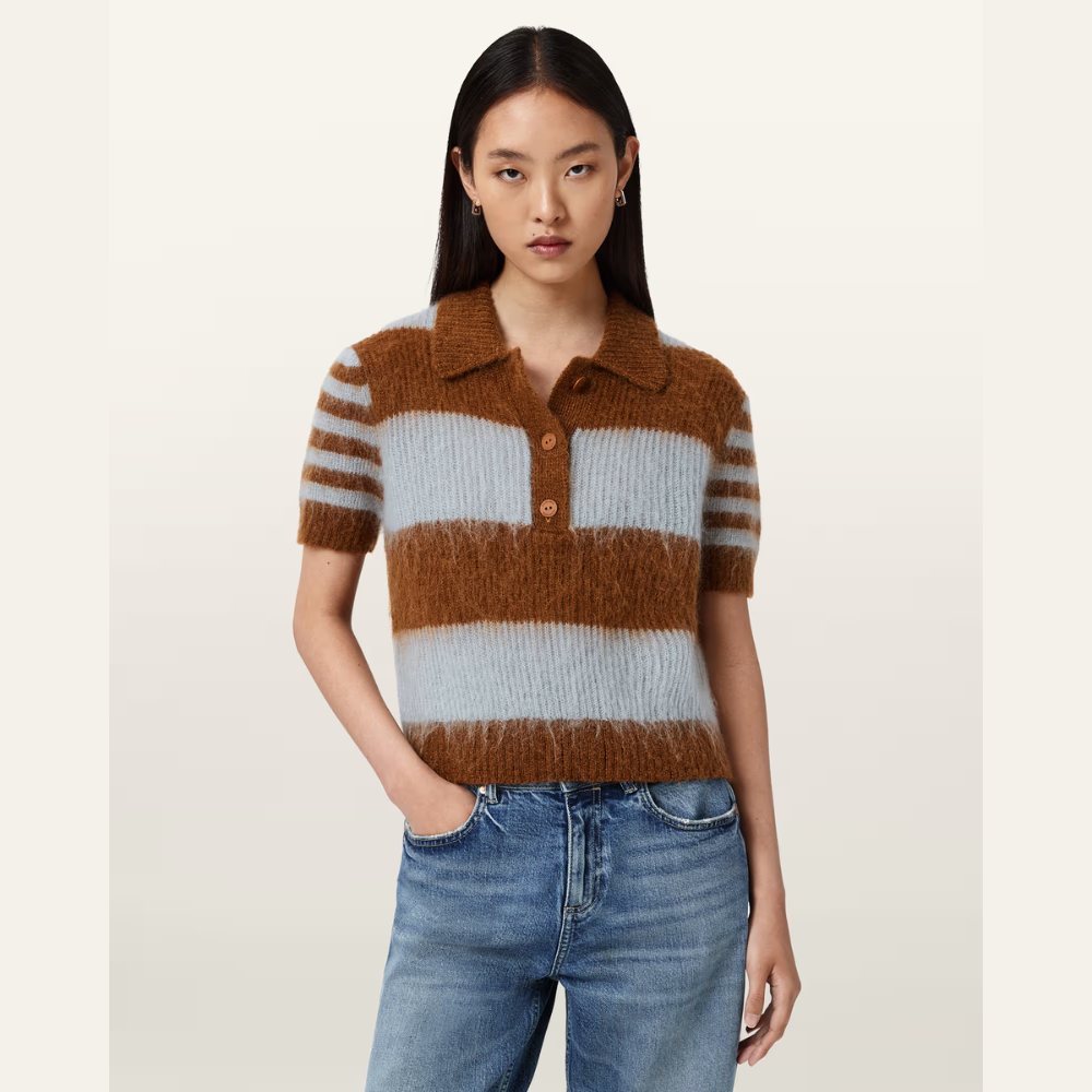 AllSaints Clem Wool Blend Polo - Steel Blue/Cognac