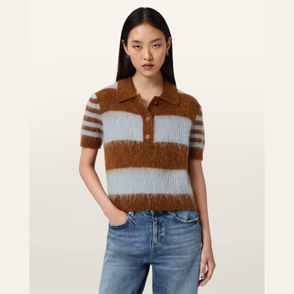 AllSaints Clem Wool Blend Polo - Steel Blue/Cognac