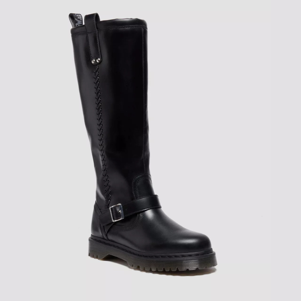 Dr. Martens Anistone Knee High Orleans Leather Biker Boots - Black