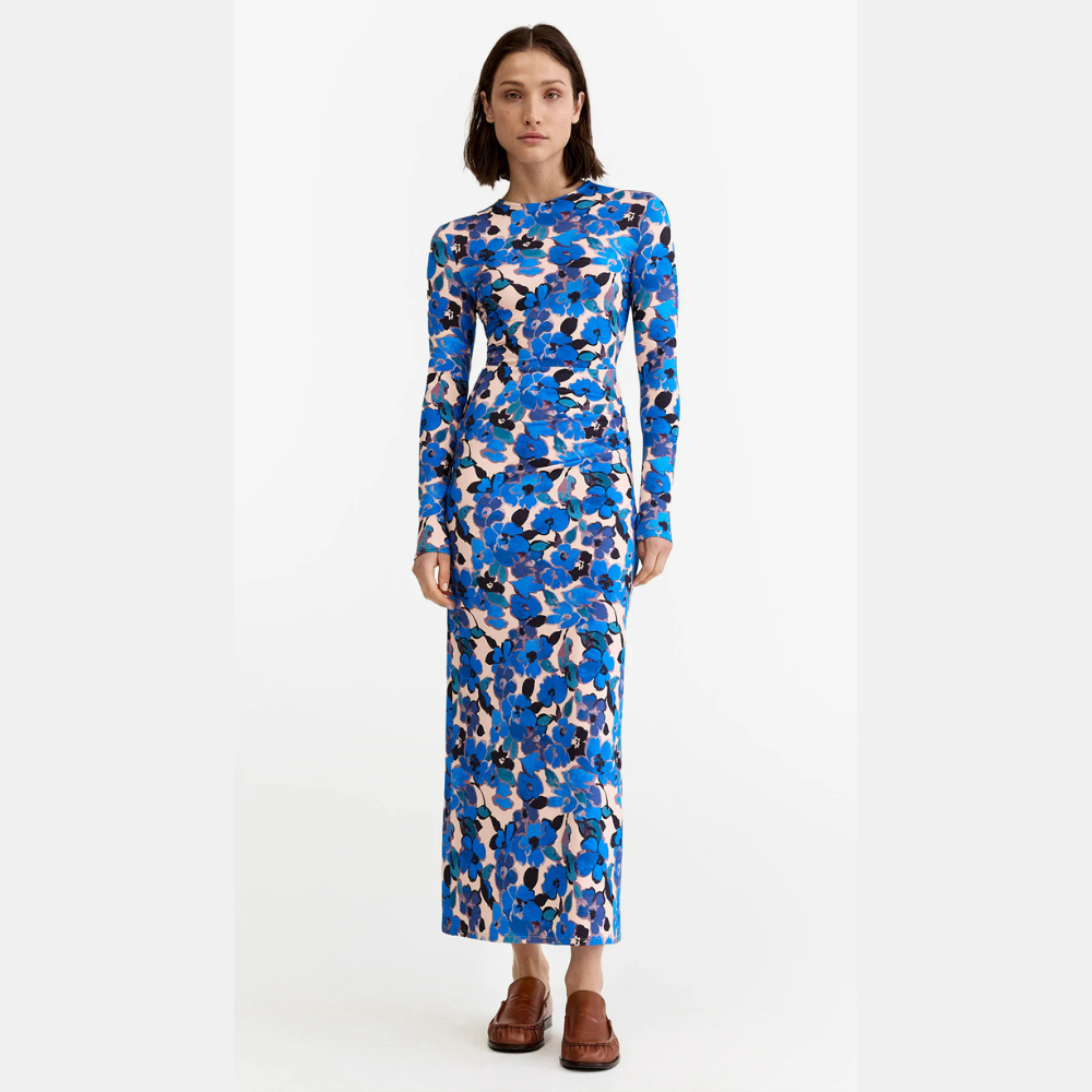 Smythe Ruched Crewneck Midi Dress - Blush/Blue