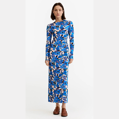 Smythe Ruched Crewneck Midi Dress - Blush/Blue