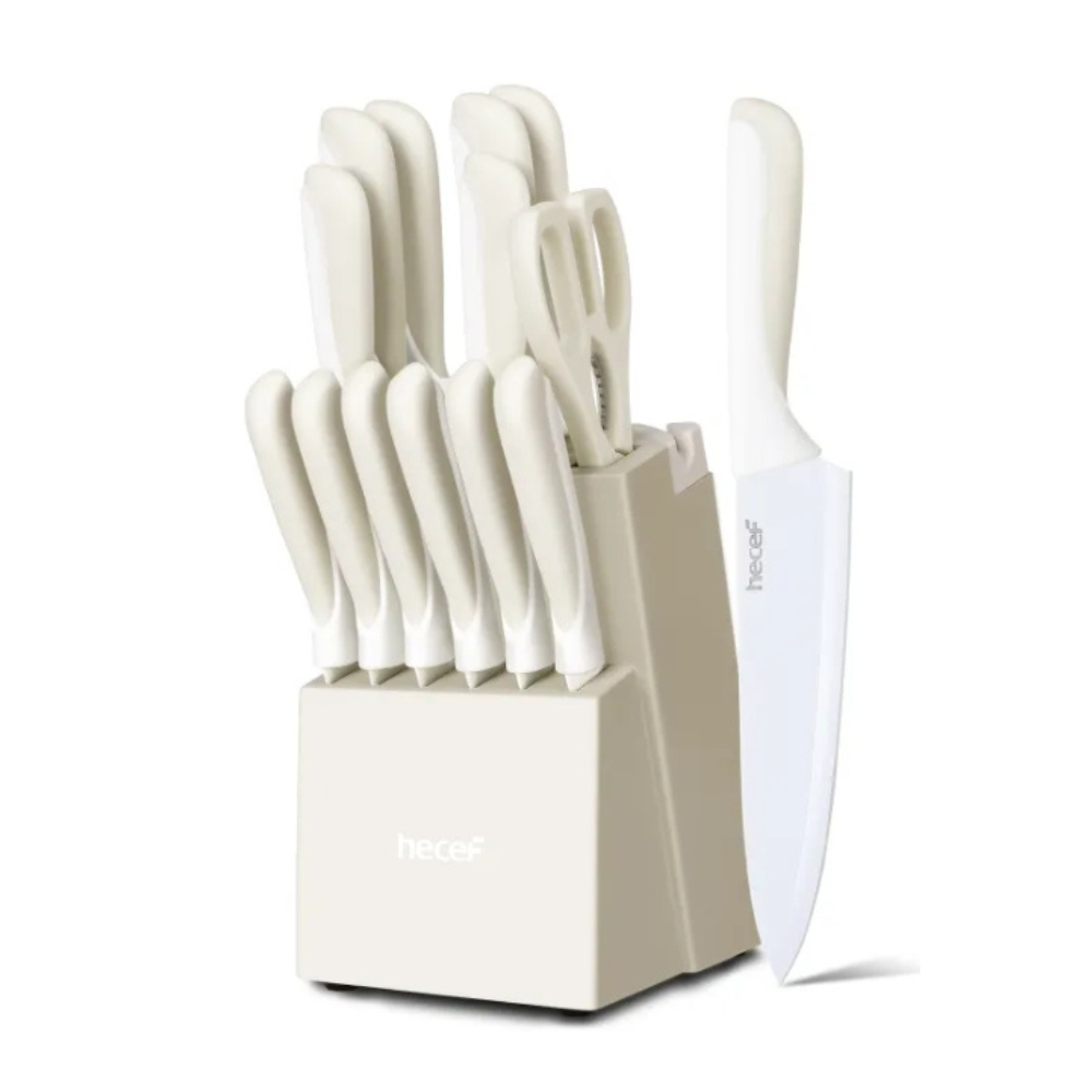 Hecef 15-Piece Kitchen Knife Set with Wooden Block - Beige