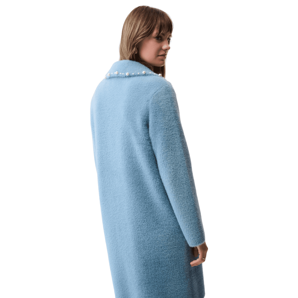 Joseph Ribkoff Feather Yarn Sweater Coat with Pearl Trim - Chambray