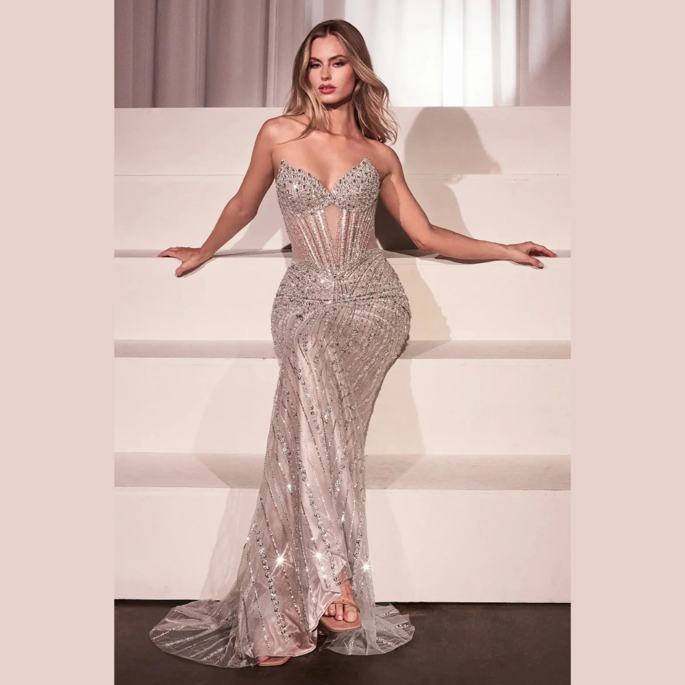 Ladivine CC398 Strapless Beaded Fitted Gown - Silver Nude