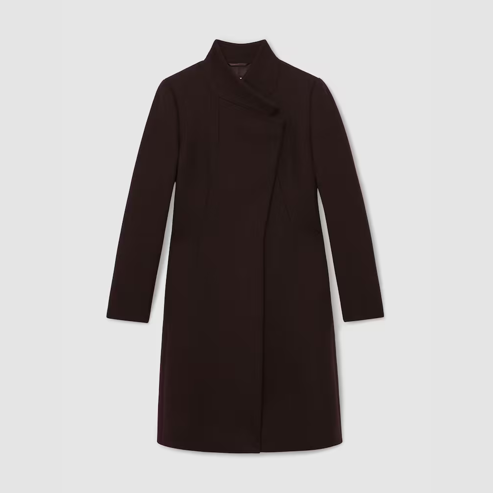 Reiss Max Wool-Blend Wrapover Mid-Length Coat in Chocolate Brown