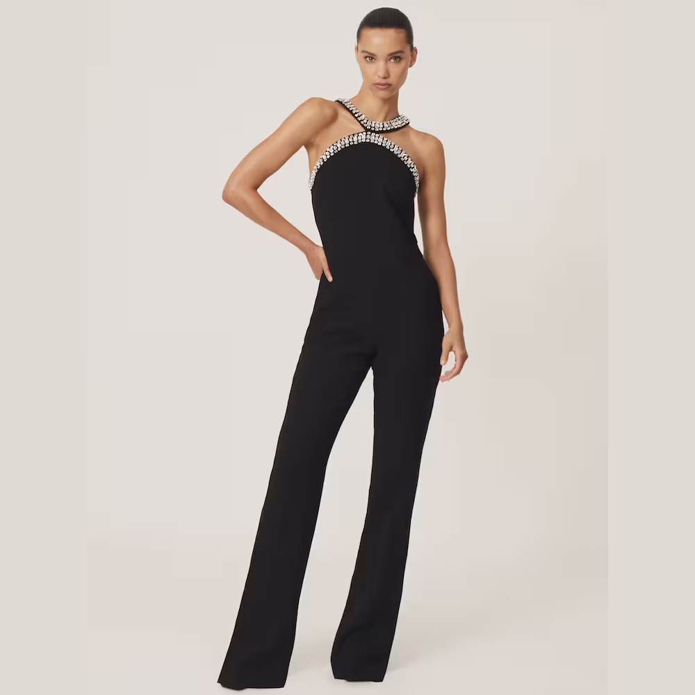 Reiss Simone Crystal-Embellished Cut-Out Jumpsuit in Black