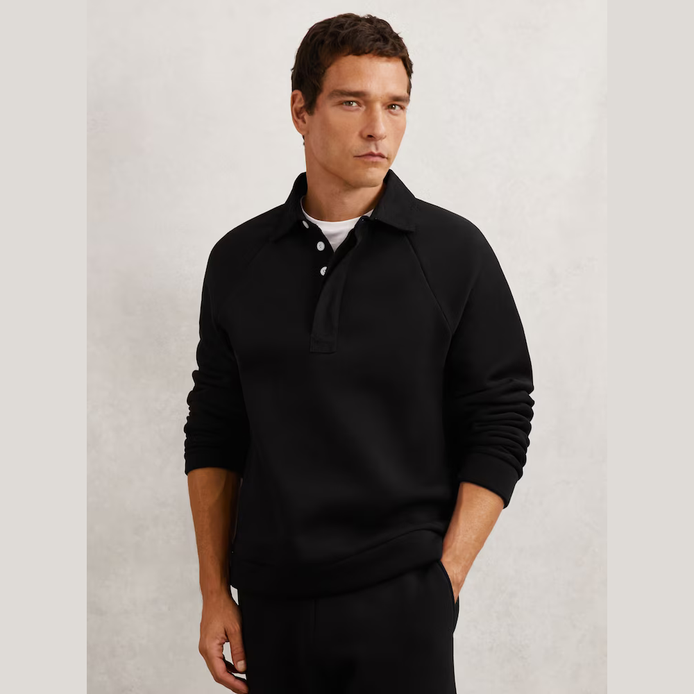 Reiss Costello Cotton-Blend Fleece-Back Polo Shirt in Black