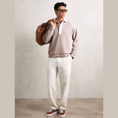 Reiss Thurloe Colour Block Rugby Shirt in Oatmeal/White