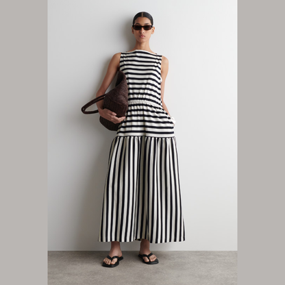 COS Boat-Neck Gathered Midi Dress - Navy / White / Striped