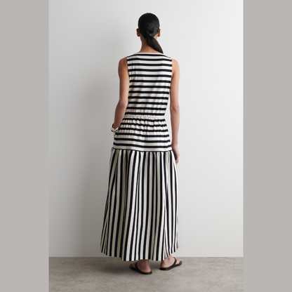 COS Boat-Neck Gathered Midi Dress - Navy / White / Striped