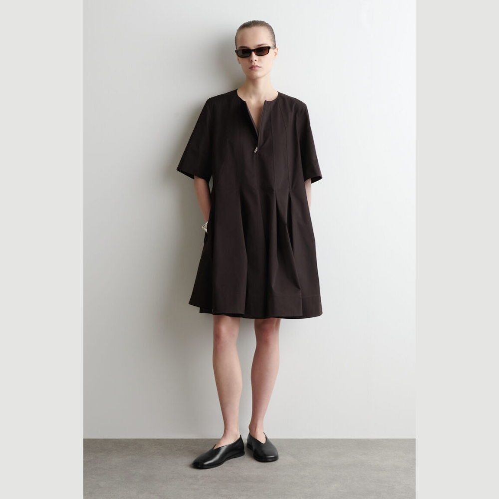 COS Pleated Zip-Up Cotton Mini Dress - Dark Brown