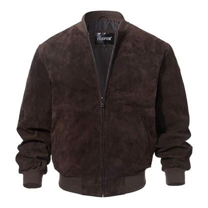 FLAVOR Men's Leather Baseball Jacket Vintage Suede Pigskin - Dark Brown