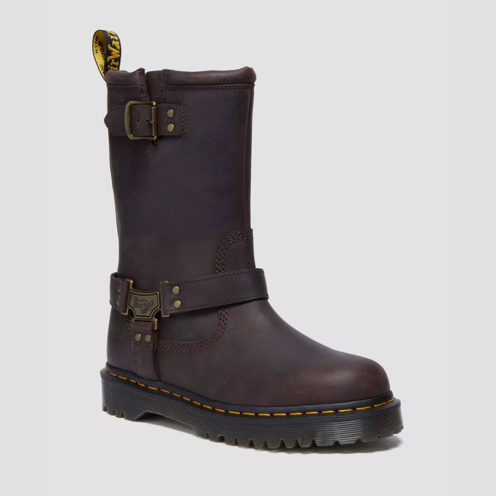 Dr. Martens Anistone Hi Leather Biker Boots - Dark Brown Burnished Waxy Pull Up WP